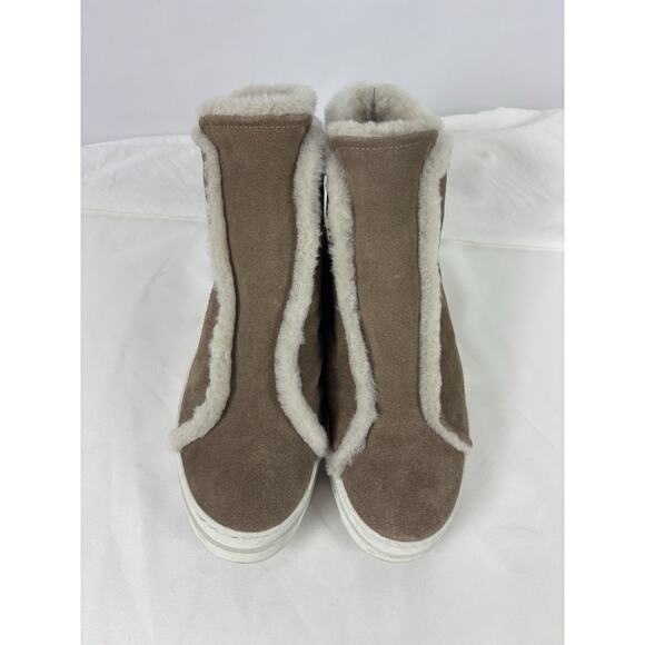 Joyks Suede Booties Sneakers Tan Taupe Faux Fur Accent Lining 39 Zip Ankle - Picture 2 of 9
